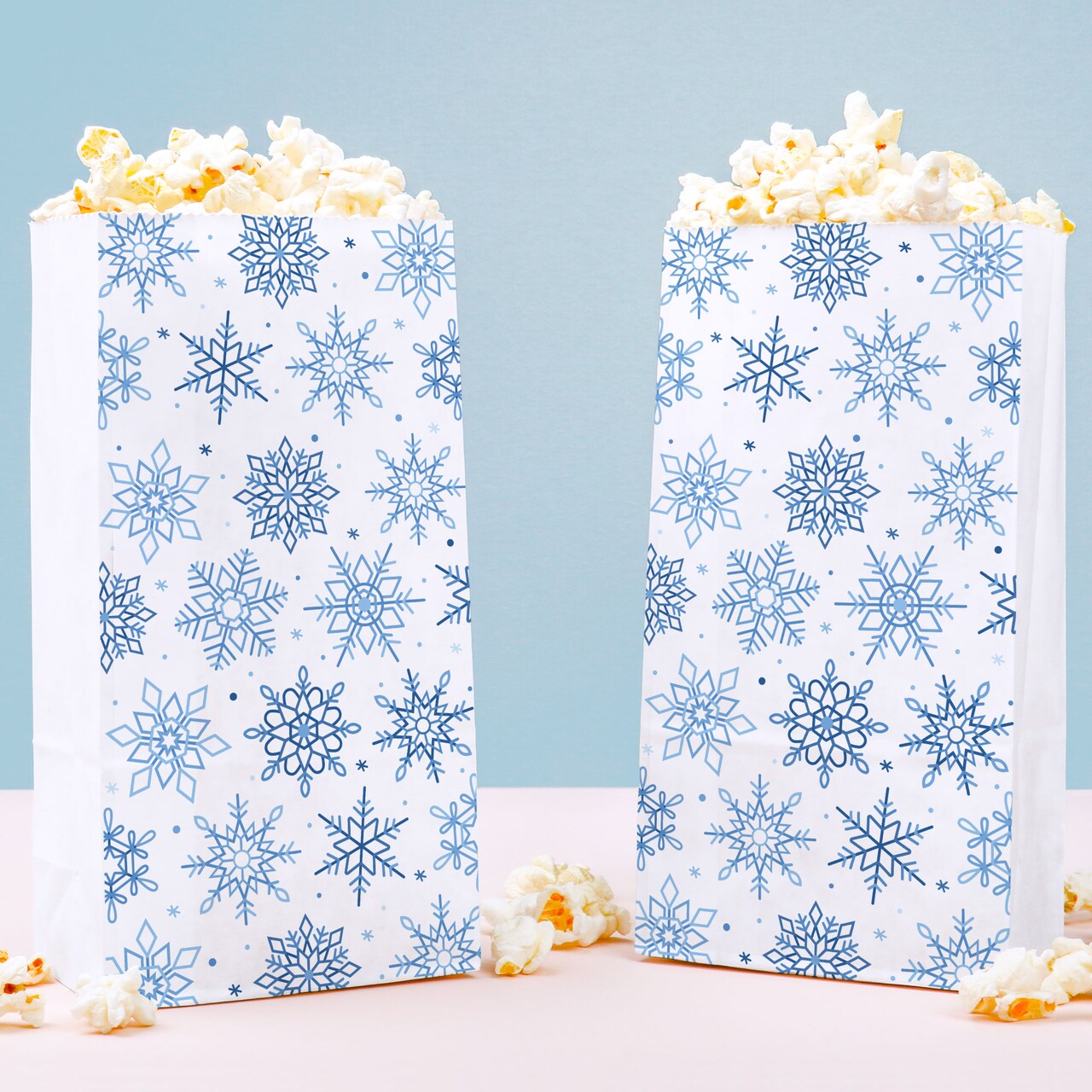 Big Dot of Happiness Blue Snowflakes Popcorn Bags, Winter Holiday Party Favor Snack Treats, Free-Standing Individual White Paper Bags - 25 Count